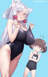 Rule 34 | 2girls, :3, ahoge, animal ears, aqua background, black one-piece swimsuit, blunt bangs, blush, breast envy, breasts, brown hair, commentary request, flat chest, fox ears, hand on own chin, headgear, highres, huge breasts, long hair, mochi (mochi444420), multiple girls, name tag, nose blush, one-piece swimsuit, open mouth, ponytail, purple eyes, school swimsuit, short twintails, sidelocks, simple background, sweat, swimsuit, touhoku itako, touhoku kiritan, twintails, twitter username, very long hair, voiceroid, wet, wet clothes