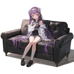 Rule 34 | 1girl, absurdres, black footwear, blush, commentary, couch, english commentary, flower, full body, hair flower, hair intakes, hair ornament, hairband, head tilt, highres, knees together feet apart, loafers, long hair, off shoulder, on couch, open mouth, original, purple hair, red eyes, rune (dualhart), shoes, sidelocks, simple background, sitting, socks, solo, very long hair, white background, white socks, yurina (rune (dualhart))