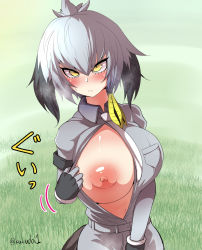 Rule 34 | 10s, 1girl, alternate breast size, artist name, belt, bird tail, black gloves, black hair, blonde hair, blush, bodystocking, breast pocket, breasts, breasts out, breath, closed mouth, clothes pull, collared shirt, day, fingerless gloves, gloves, grass, grey hair, grey shirt, grey shorts, hair between eyes, hand up, highres, huge breasts, kakudai (hujikolp), kemono friends, long hair, looking at viewer, low ponytail, multicolored hair, navel, necktie, nipples, no bra, one breast out, open clothes, open shirt, outdoors, pocket, pulling own clothes, shirt, shirt pull, shoebill (kemono friends), short sleeves, shorts, side ponytail, solo, standing, stomach, sweat, tail, tsurime, twitter username, upper body, white necktie, wing collar, yellow eyes