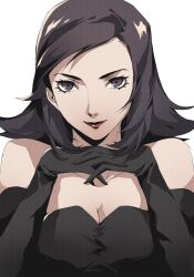 Rule 34 | 1girl, alternate costume, amano maya, bare shoulders, black dress, black gloves, black hair, breasts, cleavage, closed mouth, dress, elbow gloves, gloves, highres, lipstick, looking at viewer, makeup, medium breasts, own hands together, persona, persona 2, pertex 777, purple eyes, red lips, short hair, smile, solo, white background
