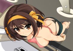 Rule 34 | 1girl, ass, bare shoulders, breasts, brown eyes, brown hair, from above, hair ribbon, hairband, haruhisky, looking at viewer, looking up, medium breasts, ribbon, shiny skin, short hair, short shorts, shorts, solo, standing, suzumiya haruhi, suzumiya haruhi no yuuutsu, thong, train interior, whale tail (clothing)