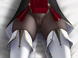 Rule 34 | 1girl, absurdres, black pantyhose, boots, camel, chevreuse (genshin impact), cleft of venus, close-up, commentary request, fanbox username, fold-over boots, genshin impact, gluteal fold, highres, lying, on back, paid reward available, pantyhose, patreon username, solo, thigh boots, thighs, white footwear, z282g