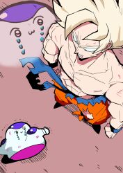 2boys alien blonde_hair crying crying_with_eyes_open dragon_ball dragonball_z frieza green_eyes highres injury looking_down looking_up mizundoko multiple_boys muscular muscular_male mutilation pants saiyan scared son_goku super_saiyan tears topless_male torn_clothes torn_pants trembling