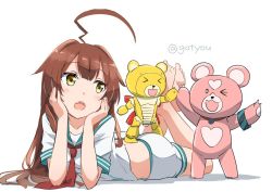 Rule 34 | &gt; &lt;, &gt; o, 10s, 1girl, :o, ahoge, aoki hagane no arpeggio, ass, bad id, bad twitter id, barefoot, bear, beargguy iii, blush, bracelet, breasts, brown hair, closed eyes, commentary request, elbow rest, fang, gotyou, gundam, gundam build fighters, hands on own cheeks, hands on own face, heart, high five, huge ahoge, jewelry, kantai collection, kirishima (aoki hagane no arpeggio), kuma (kancolle), long hair, looking to the side, lying, midriff, neckerchief, no legwear, on floor, on stomach, one-hour drawing challenge, one eye closed, open mouth, red neckerchief, sailor collar, school uniform, serafuku, shadow, shirt, short sleeves, shorts, simple background, small breasts, standing, standing on person, twitter username, white background, white shirt, white shorts, yellow eyes, yotarou (aoki hagane no arpeggio)