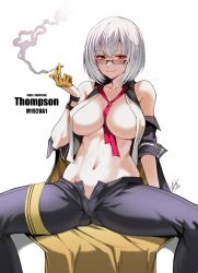 Rule 34 | 1girl, albino, arm support, bad id, bad pixiv id, bare shoulders, between breasts, black pants, blush, breasts, character name, cigarette, cleavage, closed mouth, coat, collarbone, commentary request, copyright name, girls&#039; frontline, glasses, gloves, half gloves, holding, holding cigarette, large breasts, leaning back, looking at viewer, looking over eyewear, looking over glasses, navel, necktie, necktie between breasts, open clothes, open coat, open fly, open pants, open vest, pants, pink necktie, red eyes, safety pin, simple background, sitting, smoke, smoking, solo, spread legs, stomach, sunglasses, sweat, taesi, thigh strap, thompson (girls&#039; frontline), tinted eyewear, toned, unbuttoned, vest, white background, white hair, white vest, wristband, yellow gloves