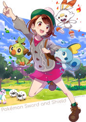 Rule 34 | 1girl, boots, brown eyes, brown hair, collared dress, copyright name, creatures (company), day, dress, full body, galarian form, galarian ponyta, game freak, gen 1 pokemon, gen 8 pokemon, gloria (pokemon), grass, grookey, happy, hat, highres, legs, nintendo, nishimura eri, open mouth, outdoors, pink dress, pokemon, pokemon (creature), pokemon swsh, ponyta, scorbunny, shoes, short hair, sobble, socks, solo, standing, standing on one leg, starter pokemon trio, tam o&#039; shanter, teeth, tongue, tree, upper teeth only, wooloo