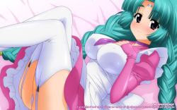 Rule 34 | 1girl, aqua hair, ass, bed, bed sheet, blush, braid, breasts, canal vorfeed, covered erect nipples, dress, facial mark, forehead mark, from below, full body, garter straps, green hair, highres, large breasts, long hair, looking at viewer, lost universe, lying, on back, on bed, panties, pantyshot, purple eyes, smile, solo, sugimura tomokazu, thighhighs, twin braids, underwear, white panties, zettai ryouiki