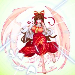 Rule 34 | 1girl, angel wings, barefoot, blunt bangs, blush, bow, breasts, brown hair, closed eyes, commentary request, cookie (touhou), detached sleeves, dress, full body, hair bow, hair tubes, hakurei reimu, halo, large breasts, long hair, necktie, open mouth, psychic parrot, red bow, red dress, solo, touhou, white sleeves, wings, yamasaka aimi, yellow necktie