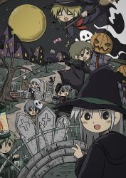 Rule 34 | 6+girls, :d, absurdres, animal, bare tree, blonde hair, broom, cat, eyepatch, fang, full moon, ghost, graveyard, grey hair, halloween, hat, highres, jack-o&#039;-lantern, kishimen udn, lantern, long hair, mask, mask on head, moon, multiple girls, night, open mouth, original, scarecrow, smile, tombstone, tree, v, witch, witch hat