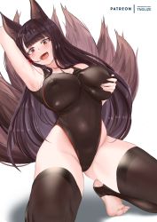 Rule 34 | 1girl, akagi (azur lane), animal ears, arm up, armpits, azur lane, black one-piece swimsuit, blush, breasts, brown hair, brown one-piece swimsuit, brown thighhighs, cameltoe, covered erect nipples, covered navel, eyeliner, fangs, fox ears, fox tail, grabbing own breast, groin, hand up, highleg, highleg swimsuit, highres, large breasts, long hair, looking at viewer, makeup, multiple tails, one-piece swimsuit, open mouth, red eyes, simple background, sleeveless, smile, squatting, swimsuit, tail, thighhighs, thighs, tnolize, toeless legwear, white background
