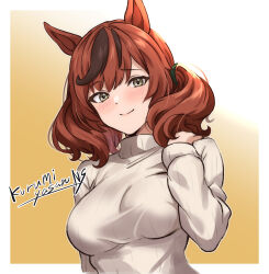 aged_up animal_ears blush breasts brown_hair highres horse_ears kurumiyasan_ns nice_nature_(umamusume) non-web_source sweater turtleneck turtleneck_sweater umamusume upper_body