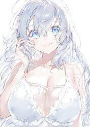 Rule 34 | 1girl, armpit crease, blue eyes, breasts, closed mouth, dot nose, dress, eyebrows, eyebrows hidden by hair, eyelashes, hair between eyes, hand up, large breasts, long hair, sleeveless, sleeveless dress, solo, transparent, upper body, white background, white dress, white hair