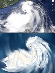 Rule 34 | 1girl, blue background, blue eyes, bow, cloud, colored skin, google, google maps, highres, personification, solo, storm, typhoon, white hair, white skin, white theme, yuaa