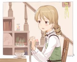 Rule 34 | 10s, 1girl, blush, brown eyes, cup, dated, drill hair, earrings, hair ornament, idolmaster, idolmaster cinderella girls, indoors, jewelry, kawashina (momen silicon), light brown hair, long sleeves, morikubo nono, notebook, open mouth, teacup