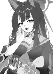 Rule 34 | 1girl, animal ear fluff, animal ears, blue archive, fang, fingernails, fox ears, greyscale, halo, hand up, highres, japanese clothes, jun project, kimono, light blush, long fingernails, long hair, looking at viewer, monochrome, obi, open mouth, sash, smile, solo, upper body, wakamo (blue archive), white background, wide sleeves
