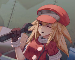 Rule 34 | 1girl, blonde hair, blush, breasts, brown gloves, buttons, cabbie hat, capcom, gloves, green eyes, hat, holding, holding wrench, long hair, medium breasts, mega man (series), mega man legends (series), one eye closed, rmilart, roll caskett (mega man), shirt, short sleeves, smile, solo, taut clothes, taut shirt, tools, upper body, wrench