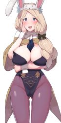 Rule 34 | 1girl, :d, animal ears, arm around waist, black bow, black leotard, blue eyes, blue flower, blush, boris (noborhys), bow, breasts, bright pupils, brown capelet, capelet, cleavage, fake animal ears, fire emblem, fire emblem: three houses, flower, gluteal fold, groin, hair bow, hairband, hand on own cheek, hand on own face, highleg, highleg leotard, highres, large breasts, leotard, looking at viewer, mercedes von martritz, nintendo, open mouth, pantyhose, parted bangs, playboy bunny, purple pantyhose, rabbit ears, simple background, smile, solo, standing, strapless, strapless leotard, striped, striped bow, white background, white hairband