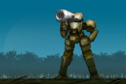 Rule 34 | commentary, forest, grass, highres, ksenolog, m1 bazooka, mecha, nature, original, robot, rocket launcher, science fiction, sketch, solo, tree, weapon