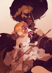 Rule 34 | 2girls, absurdres, aisha (king&#039;s raid), axe, battle axe, black footwear, black gloves, blonde hair, boots, breasts, commentary request, dangle earrings, detached sleeves, dress, drill hair, earrings, elbow gloves, closed eyes, flower, garter belt, garter straps, gloves, highres, huge bow, double exposure, jewelry, king&#039;s raid, knee boots, lips, long hair, multiple girls, parasol, pink background, pink eyes, priscilla (king&#039;s raid), red ribbon, ribbon, rose, sidelocks, small breasts, spongeman9214, starry sky print, strapless, strapless dress, thighhighs, umbrella, weapon, wedding dress, white gloves, white legwear