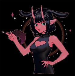 Rule 34 | 1girl, :3, animal ears, bare arms, bare shoulders, black background, black dress, black hair, bob cut, breasts, cleavage, cleavage cutout, clothing cutout, cropped torso, dress, extra ears, fingernails, gureseomueh, halo, hand on own hip, hand up, holding, holding quill, horns, korean commentary, looking at viewer, medium breasts, oni horns, original, parted lips, pointy ears, quill, rabbit ears, sharp fingernails, short hair, skin tight, sleeveless, sleeveless dress, solo, sparkle