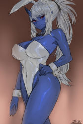 Rule 34 | 1girl, animal ears, bare shoulders, blue skin, breasts, colored skin, covered navel, detached collar, hair between eyes, hand on own hip, highleg, highleg leotard, horns, kimiko (zakusi), large breasts, leotard, light smile, long hair, looking at viewer, original, playboy bunny, ponytail, rabbit ears, red eyes, sidelocks, signature, simple background, solo, tsurime, white hair, wrist cuffs, zakusi