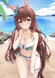 Rule 34 | 1girl, absurdres, animal ears, bare arms, bare shoulders, bikini, blue sky, blush, bow, braid, breasts, brown eyes, brown hair, cleavage, closed mouth, cloud, collarbone, commentary request, day, frilled bikini, frills, fuyuki030, green bikini, hair bow, halterneck, hand up, highres, horse ears, horse girl, horse tail, large breasts, long hair, looking at viewer, mejiro bright (umamusume), mountain, outdoors, side-tie bikini bottom, sky, smile, solo, striped bikini, striped clothes, swimsuit, tail, umamusume, vertical-striped bikini, vertical-striped clothes, very long hair, water, yellow bow