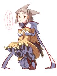 Rule 34 | 1girl, :3, animal ears, bodysuit, boots, brown eyes, cat ears, dagger, decoponmagi, facial mark, gloves, grey hair, highres, hood, hood down, knife, looking at viewer, nia (xenoblade), simple background, solo, speech bubble, squatting, translation request, weapon, whisker markings, xenoblade chronicles (series), xenoblade chronicles 2