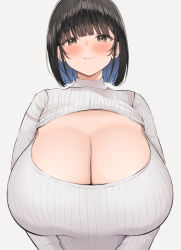 Rule 34 | 1girl, absurdres, black hair, blush, bob cut, breasts, brown eyes, cleavage, cleavage cutout, clothing cutout, colored inner hair, highres, huge breasts, looking at viewer, multicolored hair, neneneji, original, plump, short hair, simple background, solo, sweater, turtleneck, turtleneck sweater, upper body, white background