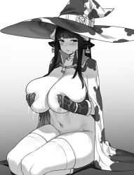 Rule 34 | 1girl, animal ears, animal print, blunt bangs, blush, breasts, cape, covering privates, covering breasts, cow ears, cow girl, cow horns, cow print, ear tag, gloves, greyscale, hat, highres, horns, houtengeki, huge breasts, lactation, long hair, looking at viewer, monochrome, navel, original, seiza, sitting, solo, swimsuit, thighhighs, witch hat