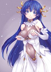 Rule 34 | 1girl, bare shoulders, black border, blue eyes, blue hair, border, breasts, cleavage, commentary request, covered navel, detached sleeves, dot nose, dress, forehead, gold trim, gradient background, hair ornament, highres, large breasts, lia parapara leazas, long hair, looking at viewer, rance (series), simple background, solo, white dress, white sleeves, wochi