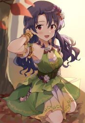 Rule 34 | 1girl, arm behind head, arm scrunchie, armpits, autumn leaves, bare shoulders, black hair, blush, bow, breasts, cleavage, dress, dress bow, floral print, flower, flower necklace, green dress, green sash, hair flower, hair ornament, highres, idolmaster, idolmaster million live!, idolmaster million live! theater days, jewelry, leaf, long hair, looking at viewer, medium breasts, necklace, open mouth, outdoors, red eyes, sash, scrunchie, shadow, shuucream (syuichi), sitting, smile, solo, sunlight, takayama sayoko, tree, twintails, wariza, white flower