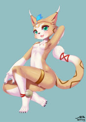 Rule 34 | 1girl, :3, animal ears, anklet, aqua background, aqua eyes, arm up, armpits, artist name, bad id, bad pixiv id, barefoot, blush, breasts, cat ears, cat tail, circlet, claws, cleft of venus, fangs, feathers, female focus, full body, furry, furry female, happy, highres, jewelry, looking at viewer, nipples, nude, open mouth, pussy, ribs, shiny skin, signature, simple background, small breasts, smile, solo, tail, teeth, the great warrior wall, thighlet, uncensored, wolflong, ye qing xi yue