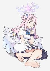 Rule 34 | 1girl, absurdres, barefoot, blue archive, feet, finger to mouth, highres, long hair, looking at viewer, mika (blue archive), one eye closed, pink hair, shushing, side bun, smile, soles, toes, wings, wink, yellow eyes