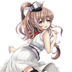 Rule 34 | 10s, 1girl, :d, ass, blue eyes, brown hair, commentary request, funnel, garter straps, grey eyes, headgear, kantai collection, long hair, looking at viewer, md5 mismatch, neckerchief, open mouth, ponytail, red neckerchief, red thighhighs, saratoga (kancolle), side ponytail, simple background, smile, smokestack, solo, thighhighs, tk8d32, white background