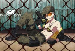 Rule 34 | 1girl, abs, belt, bikini, black hood, boots, camouflage, character name, combat boots, cross, cross necklace, fence, glasses, gloves, gun, hat, hazard stripes, holster, jewelry, kamezaemon, leaning back, military hat, multicolored hair, necklace, one eye closed, original, shell casing, smoke, smoking barrel, solo, sunglasses, swimsuit, toned, two-tone hair, weapon