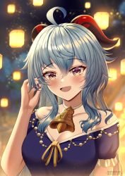 Rule 34 | ahoge, alternate costume, artist name, bare shoulders, bell, blue hair, blush, bow, breasts, cleavage, collarbone, dress, ganyu (genshin impact), genshin impact, highres, horns, lantern, long hair, looking at viewer, medium breasts, multicolored eyes, nail polish, neck bell, night, purple dress, rayleigh scale, sidelocks, smile, solo, upper body