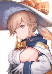 Rule 34 | 1girl, blue eyes, breasts, cape, cucouroux (granblue fantasy), cucouroux (halloween) (granblue fantasy), detached sleeves, gloves, granblue fantasy, hood, hooded cape, large breasts, large hat, long sleeves, sideboob, solo, tomamatto, twintails, white gloves