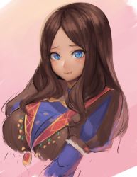 Rule 34 | 1girl, blue eyes, blue gloves, blush, breasts, brown dress, brown hair, closed mouth, dress, elbow gloves, fate/grand order, fate (series), forehead, gloves, large breasts, leonardo da vinci (fate), long hair, looking at viewer, parted bangs, pink background, puff and slash sleeves, puffy short sleeves, puffy sleeves, ranma (kamenrideroz), short sleeves, smile, solo, tongue, tongue out, upper body