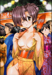 Rule 34 | ;p, black eyes, blush, bow, breasts, breasts apart, brown hair, crowd, exhibitionism, female pubic hair, flashing, grin, groin, hair between eyes, hair bow, hair bun, hair ribbon, hand fan, highres, holding, japanese clothes, kimono, lights, long sleeves, medium breasts, multiple boys, multiple girls, naughty face, night, nipple slip, nipples, no bra, no panties, nude, obi, one eye closed, open clothes, open kimono, outdoors, paper fan, parted bangs, pinky out, ponytail, pubic hair, public indecency, purple hair, ribbon, sash, short hair, side slit, sideburns, single hair bun, smile, solo focus, standing, tan, tanline, tongue, tongue out, uchiwa, urushihara satoshi, wide sleeves, wink, yellow eyes