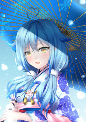 Rule 34 | 1girl, ahoge, blue background, blue hair, commentary request, floral print, hair between eyes, hair flaps, heart, heart ahoge, highres, holding, holding umbrella, hololive, japanese clothes, kimono, light blush, light particles, long sleeves, looking at viewer, obi, oil-paper umbrella, parted lips, pointy ears, sash, short hair, sidelocks, solo, standing, umbrella, upper body, utsuki (blackgoat1229), virtual youtuber, yellow eyes, yukihana lamy, yukihana lamy (new year)