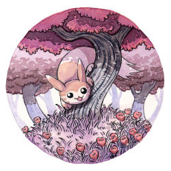 Rule 34 | :3, black eyes, creatures (company), flower, forest, furret, game freak, gen 2 pokemon, grass, nature, nintendo, no humans, oliver hamlin, open mouth, outdoors, painting (medium), plant, pokemon, pokemon (creature), red flower, round image, smile, traditional media, tree, watercolor (medium)