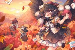 Rule 34 | 3girls, :d, autumn leaves, black hair, black headwear, black skirt, black wings, blonde hair, bow, bright pupils, broom, camera, cirno, cloud, commentary request, frilled skirt, frills, hair bow, hair tubes, hakurei reimu, hat, highres, holding, holding notebook, kirisame marisa, kochiya sanae, leaf, mame komari, multiple girls, notebook, open mouth, outdoors, photo (object), pointy ears, pom pom (clothes), red eyes, red headwear, shameimaru aya, short hair, skirt, smile, tokin hat, touhou, twitter username, watermark, white pupils, wings, witch hat