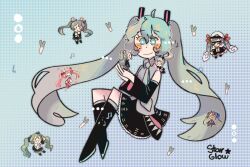 Rule 34 | aqua hair, aqua necktie, aqua shirt, artist logo, black footwear, black skirt, blush stickers, boots, chibi, commentary, detached sleeves, floating, full body, hatsune miku, highres, knee boots, long hair, musical note, necktie, patterned background, pink hair, red footwear, sakura miku, shirt, skirt, sleeveless, sleeveless shirt, smile, spring onion, starglow, sunglasses, twintails, vocaloid, wide sleeves