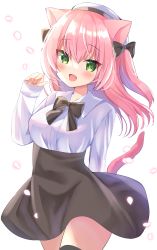 Rule 34 | 1girl, :d, animal ears, beret, black bow, black skirt, black thighhighs, blush, bow, breasts, cat ears, cat girl, cat tail, collared shirt, commentary request, dress shirt, fang, green eyes, hair between eyes, hair bow, hamico, hand up, hat, high-waist skirt, highres, long hair, long sleeves, looking at viewer, medium breasts, open mouth, original, pink hair, shirt, simple background, skirt, sleeves past wrists, smile, solo, tail, tail raised, thighhighs, two side up, white background, white hat, white shirt