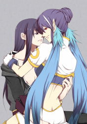 Rule 34 | 00s, 1boy, 1girl, blue hair, gloves, grey background, highres, judith (tales), long hair, pointy ears, rass, red eyes, tales of (series), tales of vesperia, white gloves, yuri lowell
