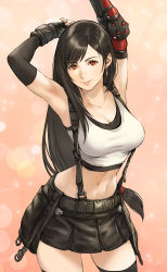 Rule 34 | 1girl, armpits, arms up, bare shoulders, belt, belt skirt, black hair, black skirt, black thighhighs, breasts, cleavage, commentary request, earrings, elbow gloves, final fantasy, final fantasy vii, final fantasy vii remake, gloves, gradient background, highres, jewelry, lips, long hair, looking at viewer, low-tied long hair, makimura shunsuke, miniskirt, navel, pink background, red eyes, simple background, skirt, smile, solo, stomach, suspender skirt, suspenders, tank top, thighhighs, tifa lockhart, white tank top, zettai ryouiki