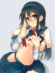 Rule 34 | 10s, 1girl, adjusting eyewear, black hair, blue eyes, blush, breasts, clothes lift, glasses, hairband, hazuki (nature.), hip vent, kantai collection, long hair, nipples, ooyodo (kancolle), puffy sleeves, school uniform, shirt lift, simple background, skirt, small breasts, smile, solo