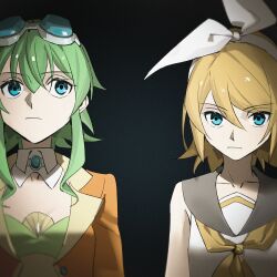 Rule 34 | 2girls, black background, blonde hair, blue-tinted eyewear, blue eyes, bow, bow hairband, breasts, brooch, cleavage, collarbone, commentary, detached collar, english commentary, goggles, goggles on head, green hair, green tube top, grey sailor collar, gumi, gumi (ai megpoid), hair bow, hairband, highres, jacket, jewelry, kagamine rin, light frown, medium breasts, medium hair, multiple girls, neckerchief, orange jacket, sailor collar, school uniform, shirt, short hair, sidelocks, simple background, sleeveless, sleeveless shirt, small breasts, strapless, synthesizer v, tinted eyewear, tube top, upper body, vocaloid, white bow, white shirt, wounds404, yellow neckerchief