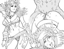 Rule 34 | 1boy, 1girl, :d, abs, ahegao, ass, bb (baalbuddy), bikini, breasts, cleavage, closed mouth, clothed female nude male, commentary, contrapposto, english commentary, greyscale, head out of frame, headband, hetero, highres, jewelry, large breasts, looking at viewer, medium hair, mole, mole under mouth, monochrome, navel, necklace, nude, open mouth, sex, sex from behind, sharla (xenoblade), simple background, smile, smug, sweat, swimsuit, toned, tongue, tongue out, top-down bottom-up, weapon, weapon on back, white background, xenoblade chronicles (series), xenoblade chronicles 1