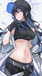 Rule 34 | 1girl, black gloves, black hair, black hat, blue archive, blue eyes, blue hair, breasts, covered erect nipples, duplicate, gloves, halo, hat, highres, long hair, looking at viewer, medium breasts, midriff, mikozin, multicolored hair, navel, saori (blue archive), solo, two-tone hair, white background